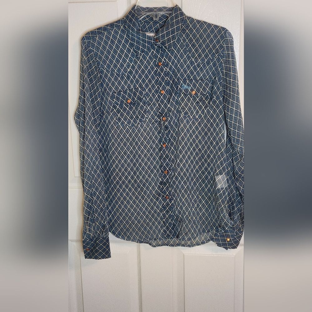 Outback Trading Co M BlueGreen GeometricPrint Lslv Pockets SnapFront Women Shirt